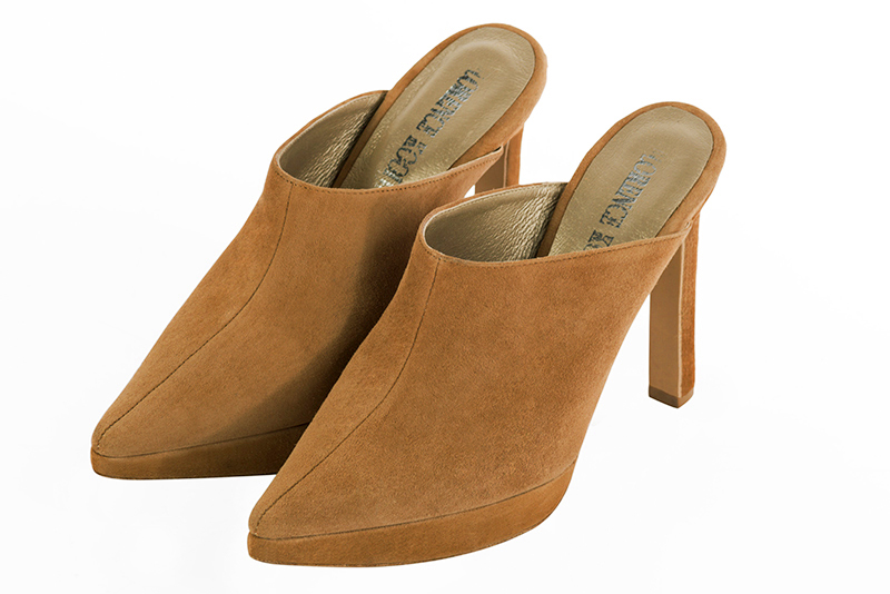 Camel beige women's clog mules. Tapered toe. Very high slim heel with a platform at the front. Front view - Florence KOOIJMAN